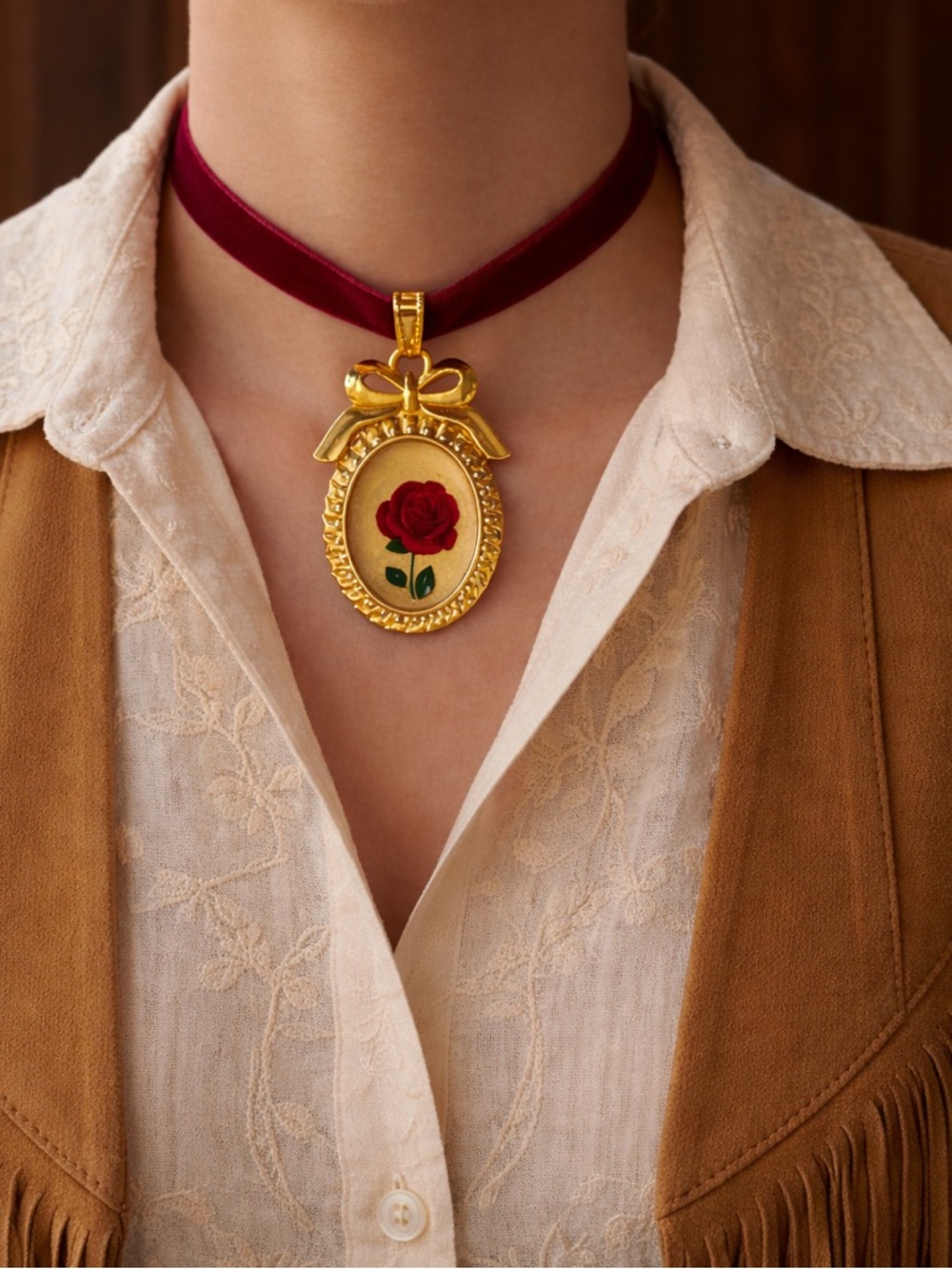 Handmade Burgundy Velvet Choker | Hand-Painted Rose Pendant | One of a Kind